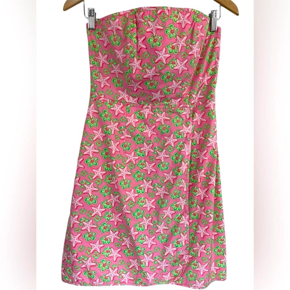 Vineyard Vines Pink Strapless Mini Dress Starfish Hibiscus Floral Print Size 4
